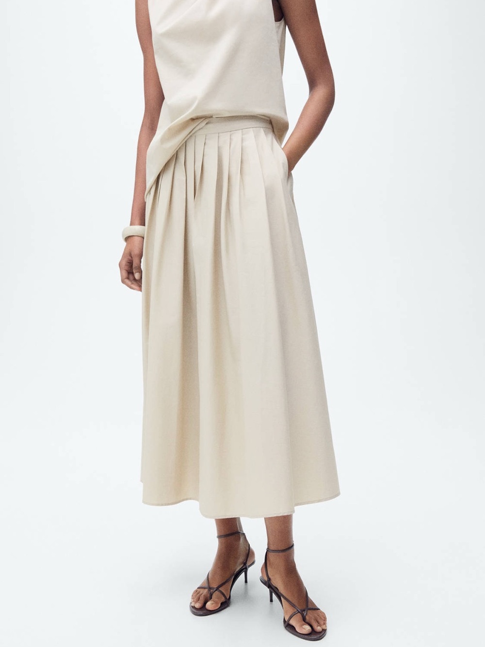 Mango Poplin Midi Skirt in Ecru